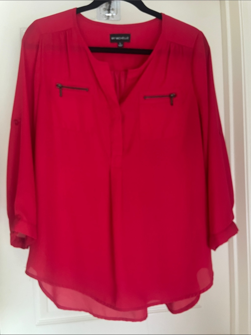Worthington Bright Red V-Neck Blouse with Zip Accents